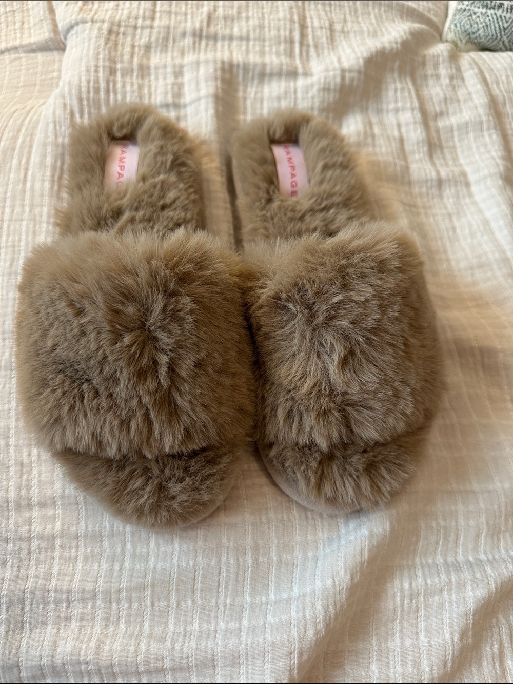 Rampage Plush Faux Fur Slide Slippers in Taupe